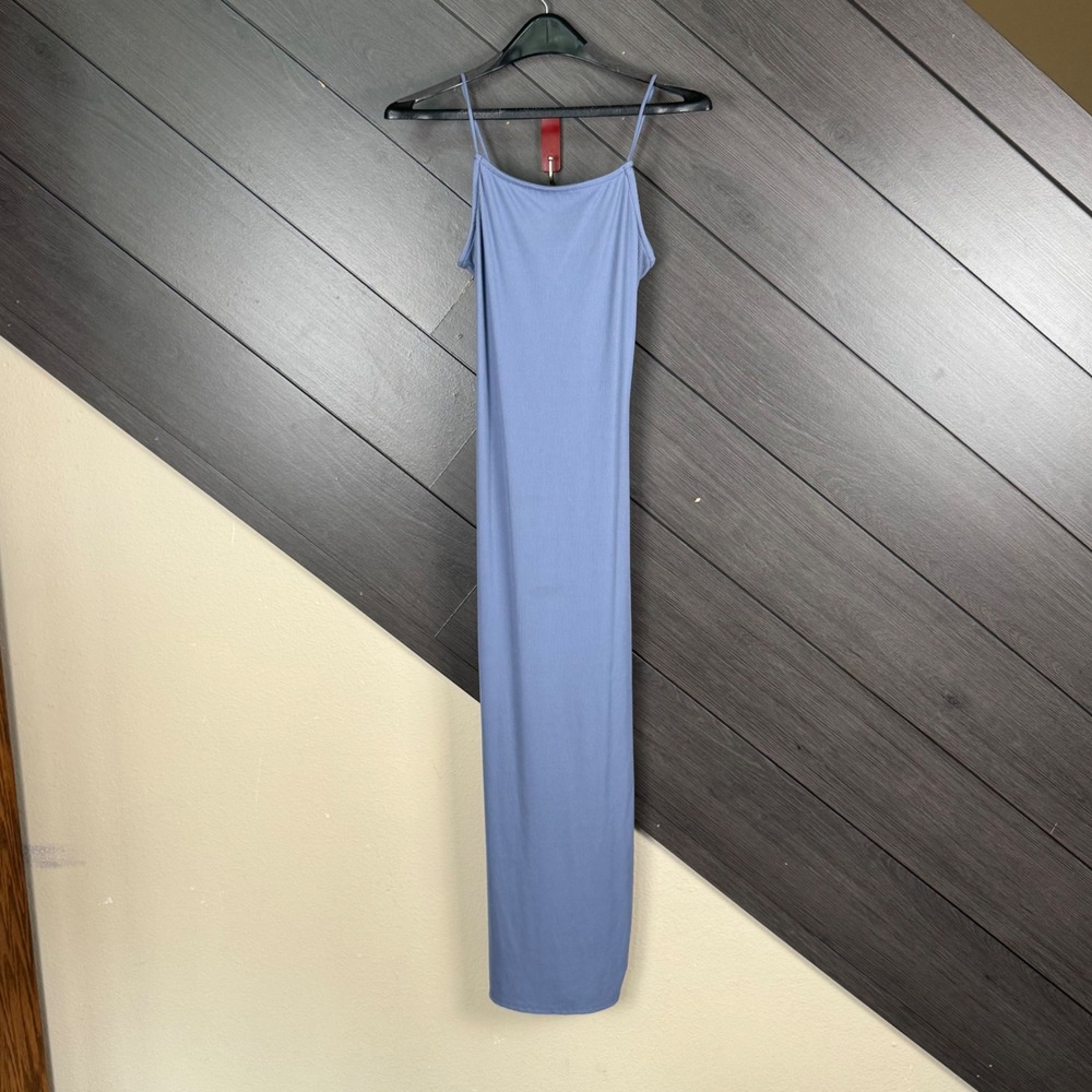 Rue21 Women's Medium Blue Ribbed Cami Maxi Dress Side Slits Stretch Y2K Bodycon